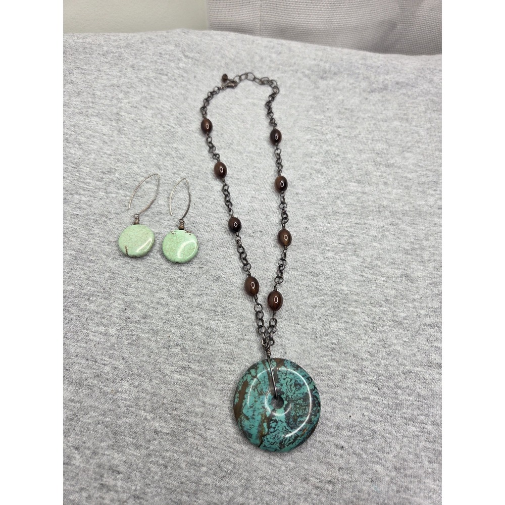 Lot of 2 Sterling Silver Turquoise Chinese Donut Necklace Earring Set 16 inch